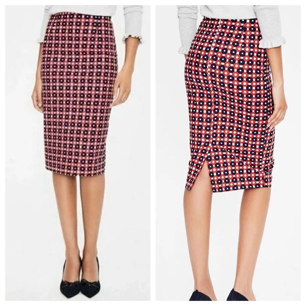 NWOT Boden Richmond MIDI Pencil Skirt Cotton Printed Navy Red White Size 4 Long